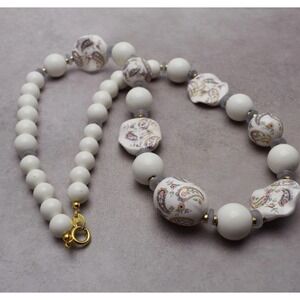 Vintage Hand Painted Porcelain Bead Necklace‎ Paisley Floral White 16.5" Japan